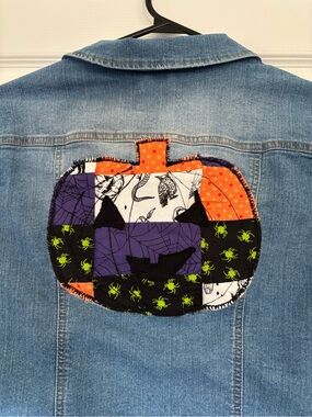 Blue Denim Jacket with Halloween Pumpkin Patch Appliqué by Love Tree, Size S